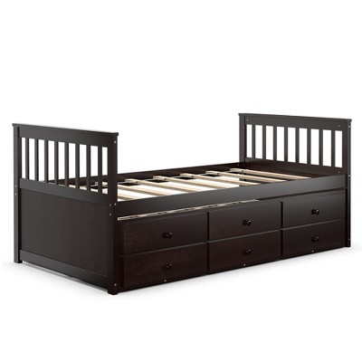 Costway Twin Captain's Bed Bunk Bed Alternative w/ Trundle & Drawers for Kids WalnutEspressoWhite