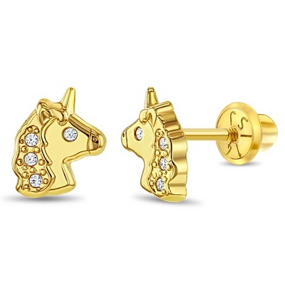 Girls' Glimmering Clear CZ Unicorn Screw Back 14k Gold Earrings - In Season Jewelry