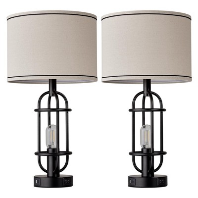 Itopfox Black Table Lamps Set of 2 with USB Ports, Farmhouse Nightstand Lamps for Bedroom & Living Room, Includes LED Bulbs, Dual Button Switch