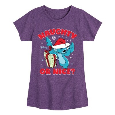 Girls' - Lilo and Stitch - Naughty Or Nice Christmas Fitted Short Sleeve Graphic T-Shirt