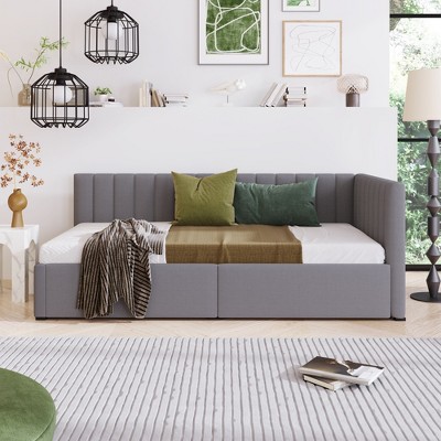 Twin Size Sofa Bed Frame, Linen Fabric Upholstered Daybed with 2 Storage Drawers, No Box Spring Needed - ModernLuxe