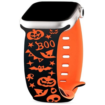 HTUTWOO Halloween Two-Tone Engraved iWatch Bands, Holiday Pumpkin Bands 42/44/45/49mm for iWatch Series 11 10 9 8 7 6 5 4 Ultra SE (Orange)