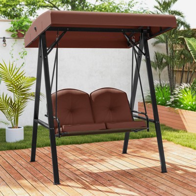 Costway 2-Person Outdoor Porch Swing Swing Loveseat with A-Shaped Metal Stand Beige/Wine/Navy/Gray/Brown