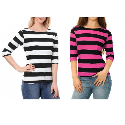 Allegra K Women's Casual Basic Elbow Sleeves Boat Neck Slim Fit T-Shirts 2 Packs