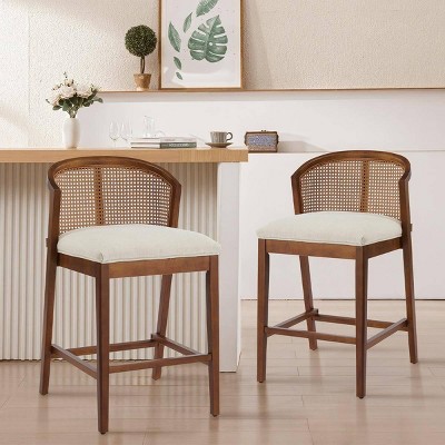 Armless Indoor Wooden Counter Stools Set of 2,Modern Fabric Upholstered Counter Height Bar Stool,Curved Rattan Back Boho Bar Chair-Coolbibila
