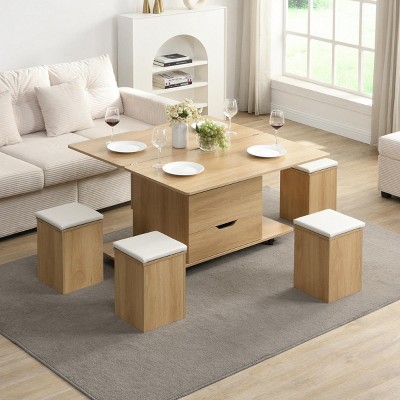 39'' MDF Wood Lift‑Top Coffee Table with Hidden Storage for Living Room,Multi-Functional Coffee Table with 4 Stools for Small Space-Coolbibila