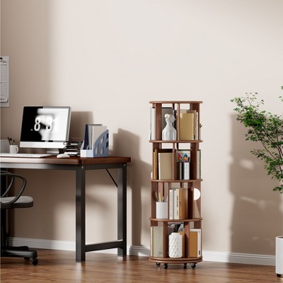 NicBex 360° Rotating Bookshelf with Lockable Wheels,4/5/6 Tier Round Bookcase with Adjustable Levels,Narrow Bookshelves for Small Space,Corner,Walnut