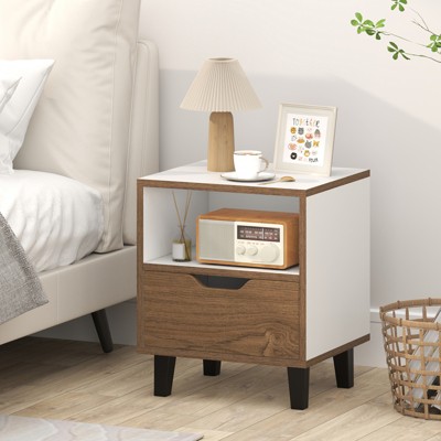 Tangkula Nightstand Mid Century Modern Bedside Table w/ Drawer Open storage Shelf