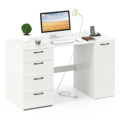 Costway 53" Computer Desk with Power Outlets Large Executive Desk with 4 Storage Drawers Gray/White