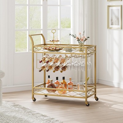 Gold Bar Cart, 2 Tier Bar Carts for The Home, Bar Carts with Wheels, Serving Cart with White Marble Finish Wood Shelf