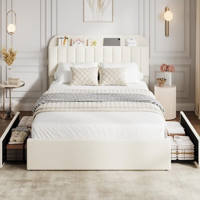 Twin XL/Queen Bed Frame with 2 Flexible Drawers and Bookcase Headboard, Boucle Upholstered Platform Bed for Boys/Girls
