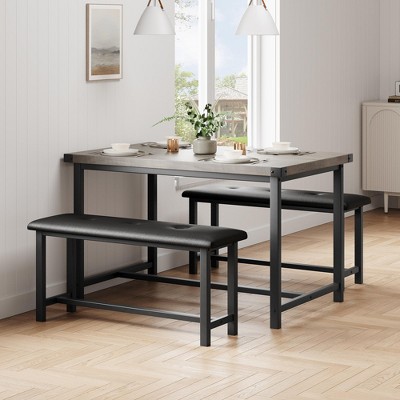 3 Piece Dining Table Set for 4, 44" Kitchen Table with 2 Benches, Wooden Rectangular Kitchen Table Set, Space Saving Breakfast Table, Black