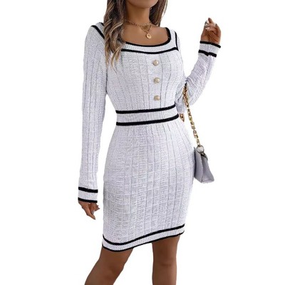 Coolmee Women's Mini Sweater Dress Long Sleeve Bodycon Button Square Neck Elegant Formal Short Dresses