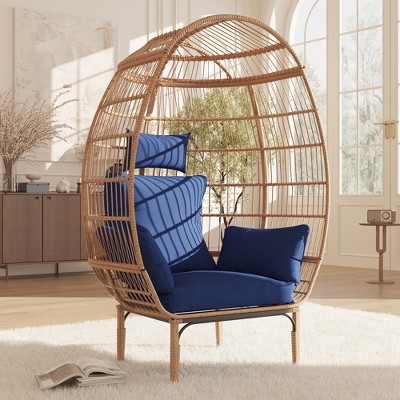 500 Lbs Capacity Oversized Wicker Egg Chair, All-Weather Rattan Egg Lounge Chairs for Living Room, Outdoor Oversized Egg Chair Indoor w/5 Cushions
