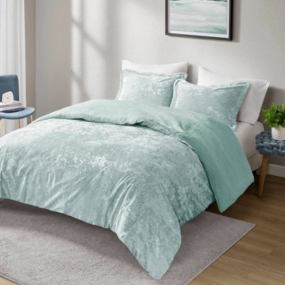 Intelligent Design Full/Queen Arabella Crushed Velvet Faux Shearling Reversible Comforter Set Aqua: Hypoallergenic Teen Bedding Set