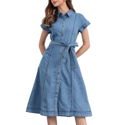 INSPIRE CHIC Women's Denim Casual Button Down Short Sleeves Belted Midi Dress