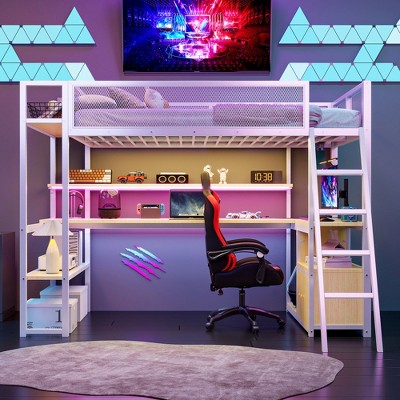 YOOCOZZ Twin Metal Loft Bed with Integrated Workstation, LED Lighting, and Multi-Storage