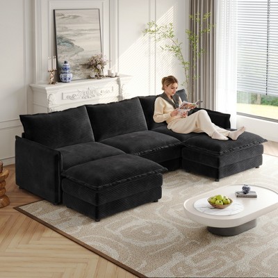 Oversized 109" Corduroy Cloud Modular U-Shaped Sectional Sofa with 2 Movable Ottomans and Dual-Layer Cushions