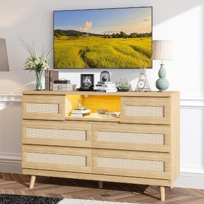 Rattan Dresser with 6 Drawers for Bedroom, Natural Wood Chest with LED Light & Charging Station, Boho Dresser for Living Room, Entryway