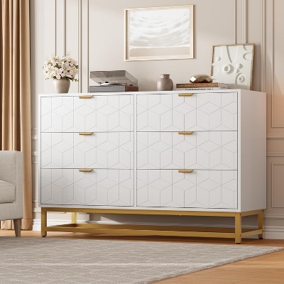 Modern 3/4/5/6/7 Drawer Dresser, Wide Chest with Gold Metal Legs & Handles, Wood Storage Organizer for Bedroom, Living Room, Hallway