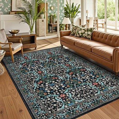 Washable Floral Print Botanical Rug Non Slip Low Pile Rug Soft Floor Cover Foldable Indoor Carpet for Living Room Bedroom Home Office