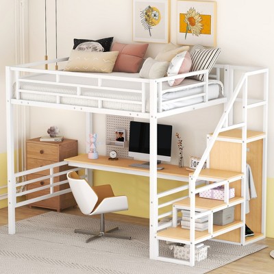 Whisen 94.1''L*56''W Full Size Metal Loft Bed with Desk, Storage Staircase, Small Wardrobe and LED Light