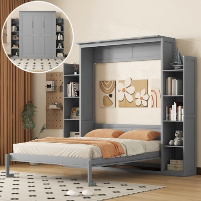 TIRAMISUBEST Queen Size Murphy Bed Wall Bed with Open Storage Shelves and LED Lights, Solid Wood Foldable Murphy Cabinet Bed, Space Saving Design