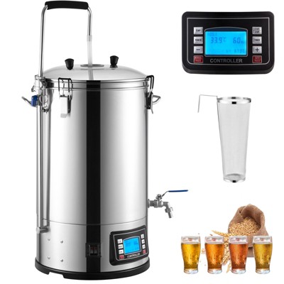 VEVOR Electric Brewing System, 9.2 Gal/35 L Brewing Pot, All-in-One Home Beer Brewer with Pump, Mash Boil Device, Auto/Manual Mode 100-1800W, Silver