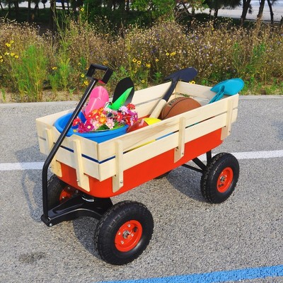Steel Garden Cart Utility Wagon 176 LBS Large Loading Capacity Metal Garden Wagon All Terrain Pulling Cart With Wood Railing