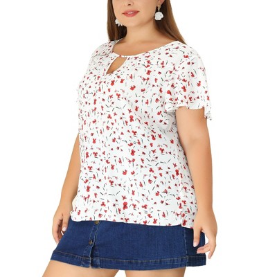 Agnes Orinda Women's Plus Size Keyhole Flutter Short Sleeve Chiffon Floral Tops