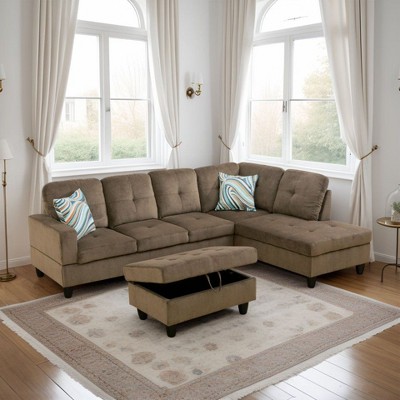 Brown Fabric Sectional Sofa with Chaise Lounge & Storage Ottoman �C Modern Comfort & Style