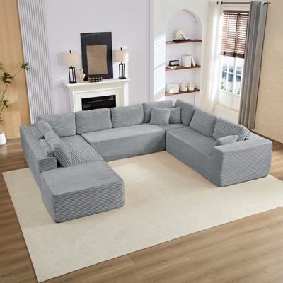 Mjkone Corduroy 141'' Deep Seat Modular Sectional Sofa, Modern 8-Seater U-Shape Sofa Couch with Moveable Ottoman
