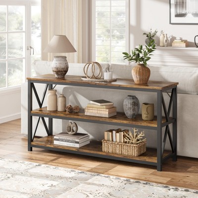 3 Tier Console Table, 55.1" Narrow Entryway Table with Storage, Wood Sofa Table with Metal Frame, Industrial Behind Couch Table
