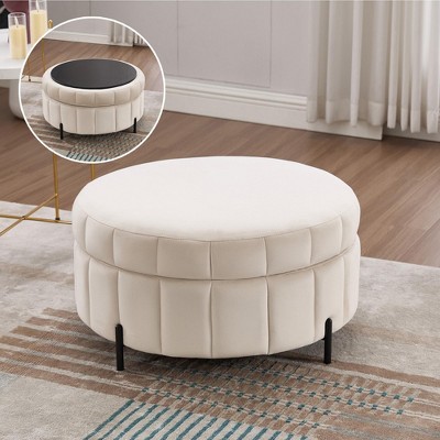Round Ottoman Upholstered Storage Ottoman with With Reversible Lid, Velvet Storage Stool Footstool-ModernLuxe
