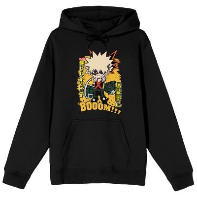 My Hero Academia: Season 1 Katsuki Bakugo chibi, boom!!! font text, logo vertical and kanji name on Black Adult Hoodie