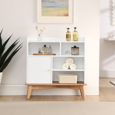 Bookshelf Accent Cabinet Mid-Century with Door Storage and Cable Access for Living Room or Office 31.5in Wide - 3irtyhousy