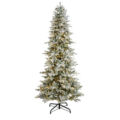 Nearly Natural 9.5-ft Slim Flocked Nova Scotia Spruce Artificial Christmas Tree with 600 Warm White LED Lights and 1357 Bendable Branches