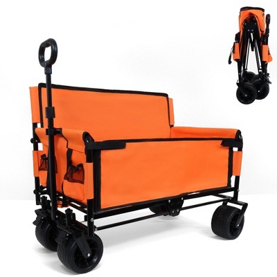 NAYSAYE Wagon 3 in 1 Convertible Folding Cart with Bench Seat and Storage for Outdoor Adventures, Orange, 37"*24.02"*40.94"