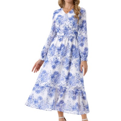 INSPIRE CHIC Women's Long Sleeve Floral V Neck Boho Ruffle Tiered Flowy Chiffon Midi Dress with Pocket