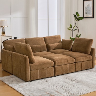 Whisen Multi-Functional Chenille Sofa with Modular Ottoman, USB Ports & Phone Holder