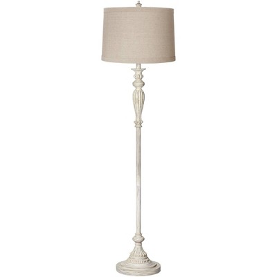 360 Lighting Vintage Shabby Chic Floor Lamp 60" Tall Antique White Washed Natural Linen Fabric Drum Shade for Living Room Reading Bedroom Office