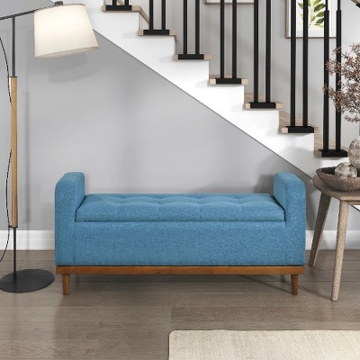 Lyngins Mid-Century Modern Lift Top Storage Bench, 50" Textured Fabric Bed Bench, Button-Tufted Ottoman with Storage, Walnut Finish Solid Wood Frame