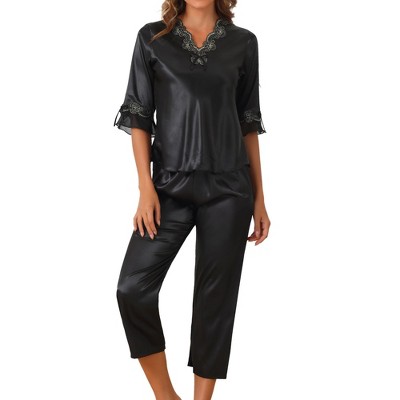 cheibear Women's Satin Silky 3/4 Sleeve Shirt with Long Pajama Pant Soft Pajama Set