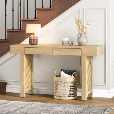 MOEPISY Narrow Console Table with Rattan Accent, Natural Wood Finish Entryway Table with Storage Drawers, Natural