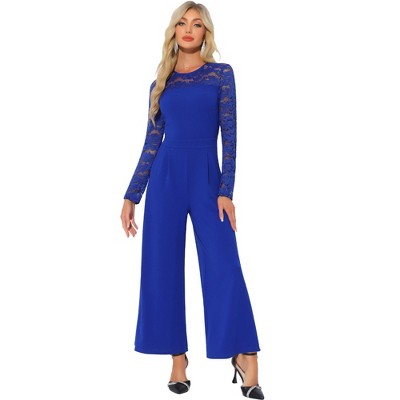 INSPIRE CHIC Women's Elegant Crew Neck Mesh Lace Sleeve Loose Wide Leg Romper