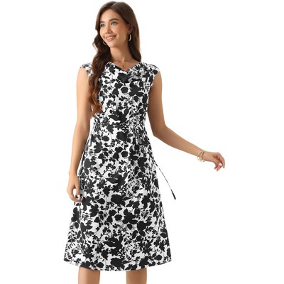 INSPIRE CHIC Women's Elegant Floral Cowl Neck Cap Sleeve Tie Waist Midi Dress