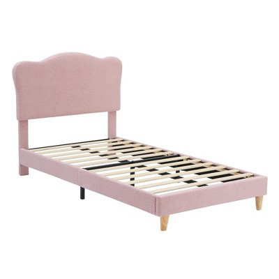 Bed Frame for Kids, Upholstered Platform Bed with Cute Boucle Velvet Headboard for Girls