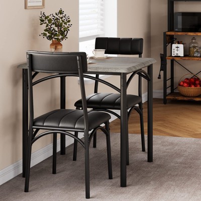 Modern Rustic Gray Square Dining Set, 29.2' L x W 30.1' H Table, 33.7' 18.4' 17' Chairs, 2 Person, Metal & MDF, Easy Assembly, Space-Saving