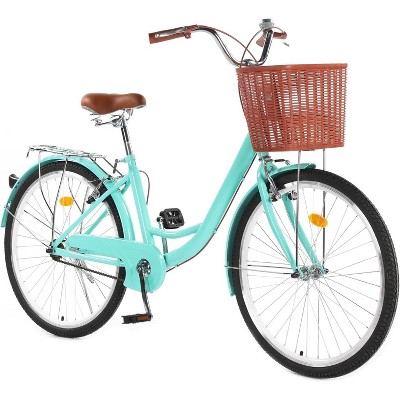 Acekool 24 Inch Beach Cruiser Bike for Women, 1 Speed Step Through, Basket Included, Adjustable Seat, Comfortable Commuter Bicycle Beige