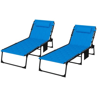 DOMETOUR Folding Chaise Lounge Set, 5-level Reclining Chair w/ Padded Seat, Side Pocket & Headrest for Beach, Yard, Patio, Blue